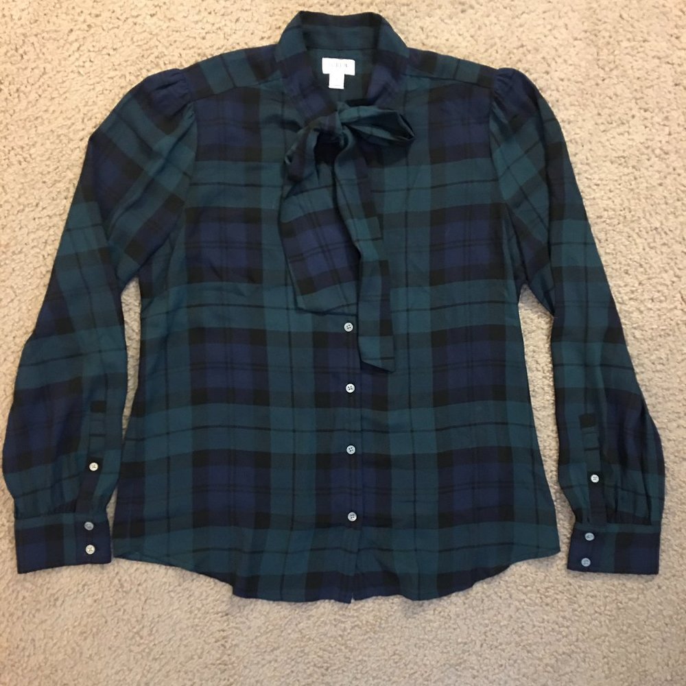 J.Crew Factory plaid button up bow blouse